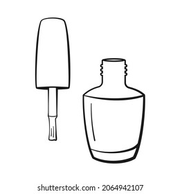 Nail polish bottle and brush line drawing in vector icon