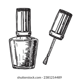 Nail polish. Bottle with brush. Sketch. Product for beauty salon and female glamour. Elements for a nail salon. Minimal doodle illustration isolated on white. 