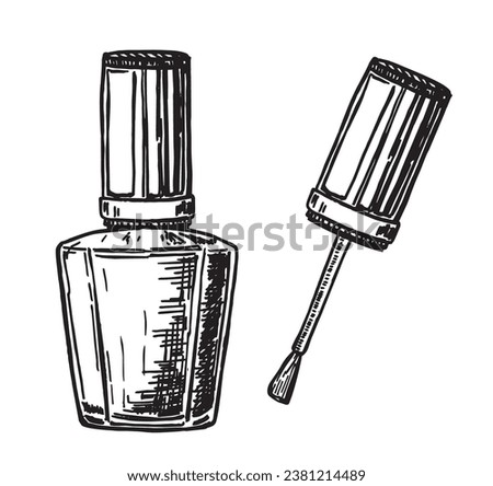 Nail polish. Bottle with brush. Sketch. Product for beauty salon and female glamour. Elements for a nail salon. Minimal doodle illustration isolated on white. 