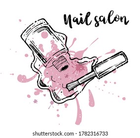 Botella de puño de uñas, cepillo, salpicaduras y manchas, vector dibujado a mano