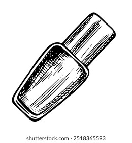 Esmalte de uñas. La botella está cerrada. Una ilustración gráfica de Vector en blanco y negro hecha a mano. Aislar sobre un fondo blanco. Un producto para salón de belleza y glamour femenino. Elemento para un salón de uñas.