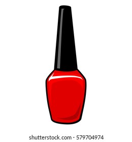 Nail polish bottle isolated on white. Red color. Glass shiny closed container. Single element for manicure, make up. Vector cartoon  illustration, icon, sticker, patch badge