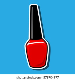 Nail polish bottle isolated on blue. Red color. Glass shiny closed container. Single element for manicure, make up. White outline path. Vector cartoon  illustration, icon, sticker bombing, patch badge