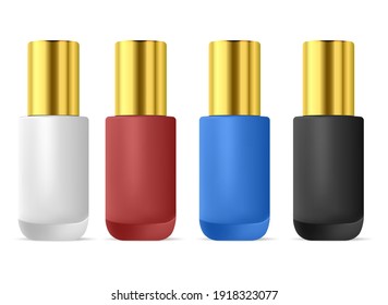 Nail polish bottle. Manicure varnish enamel set. Color paint container. Nail lacquer realistic packaging mockup design. Fingernail jar, glossy cylinder pack, pedicure product, red, pink,black