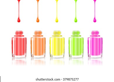 Nail polish bottle or open nail polish spill with falling drops in red yellow green violet toxic colour. Colourful Manicure. For cosmetics fashion beauty advertising. 3d illustration.