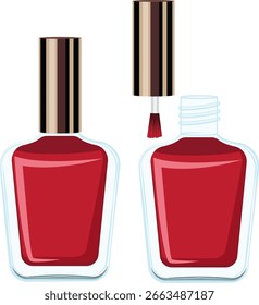 Botella de esmalte de uñas, botella abierta y cerrada con tapa y Vector de cepillo.