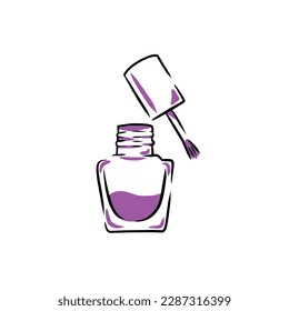 Nail polish. Bottle with pink brush sketch. Product for beauty salon and female glamour. Minimal doodle illustration isolated on white. Outline art