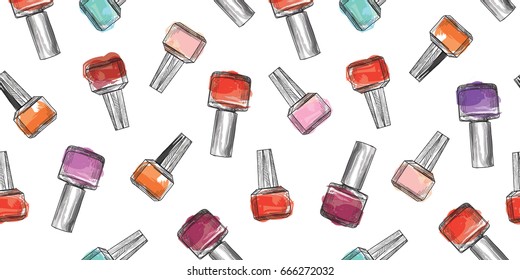 Nail polish bottle seamless pattern. Beauty salon manicure background.