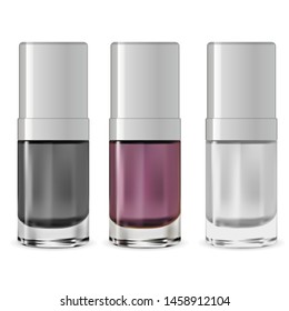 Nail Polish Bottle. Serum Container. Vector Packaging Design. Nailpolish Package Mockup Set. Realistic Beauty Cosmetic Product. Trendy Glamour Brand. Gloss Colour Illustration. Manicure, Pedicure