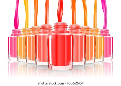 Nail polish bottle or nail polish spill in red yellow green violet colour. Nails manicure vector. Nail polish drop in trendy colors. Nail art,  3d illustration.
