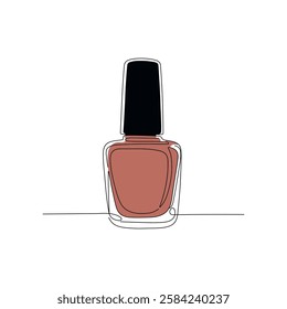 Nail polish bottle vector one line continuous drawing illustration. Hand drawn linear silhouette icon. Minimal design, makeup print, cosmetic banner, card, poster, brochure, beauty logo.