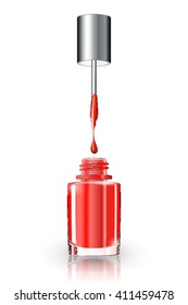 Nail polish bottle or vivid nail polish spill in red colour. Nails manicure vector. Drop with brush in trendy red color. 3d illustration.