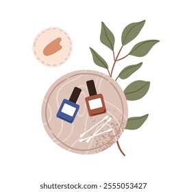 Nail polish bottles with cotton swabs and pads. Eco-friendly manicure and pedicure accessories, varnish and tools with green leaf branch, plant. Flat vector illustration isolated on white background