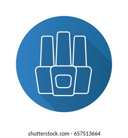 Nail polish bottles flat linear long shadow icon. Vector line symbol