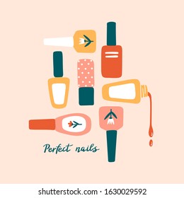 Nail polish bottles and lettering isolated on colorful background. Nail polish pouring down. Flat hand drawn vector illustration. Template card for nail shop, nail studio, beauty blog, social media.