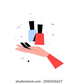 Nail Polish Bottles On Hand In Flat Vector Illustration Symbolizing Beauty, Nail Care, And Cosmetics, Isolated On White Background