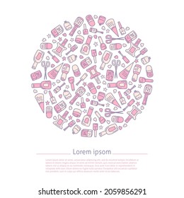 nail polish bottles shaped in circle vector illustration. Manicure pedicure template