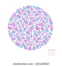 nail polish bottles shaped in circle vector illustration. Manicure pedicure template