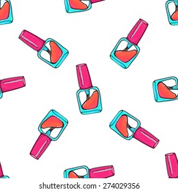 Nail polish bottles vector seamless pattern. Makeup vector background