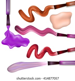 Nail Polish Brush And Smears. Red Pink Violet Brown Lilac Nail Enamel Dab. Vector Illustration