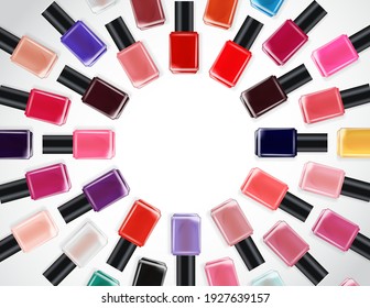 Nail polish collection background with place for text. Cosmetic product template for advertisement, magazine, product sample. Vector Illustration EPS10