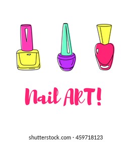 Nail polish colorful vials for beauty salon. Isolated hand drawn set. Fashion illustration. Vector EPS10.
