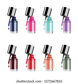 Nail polish colour set on white background with colorful drops realistic vector illustration