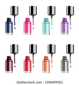Nail polish colour set on white background with colorful drops realistic vector illustration