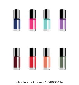 Nail polish colour set on white background with colorful drops realistic vector illustration