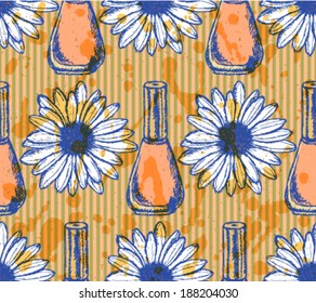 Nail polish and daisy sketch, vector retro background 