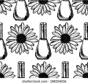 Nail polish and daisy sketch, vector retro background 