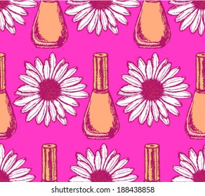 Nail polish and daisy sketch, vector retro background 