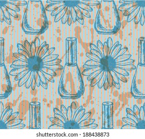 Nail polish and daisy sketch, vector retro background 