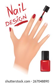 Nail polish design banner. Woman hand with applying a varnish on nails