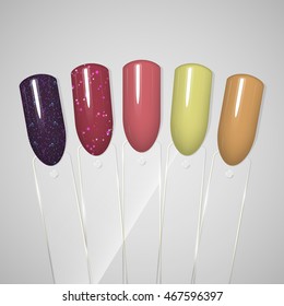 Nail polish in different colors. Gel polish. Tips. Vector illustration