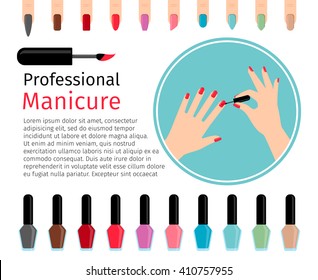 Nail polish and different colors nails icons and text. Vector illustration