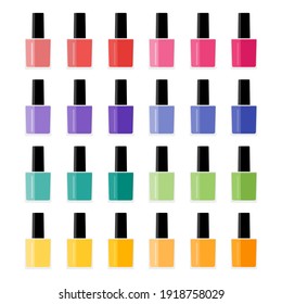 Nail polish in different colors set. Vector flat illustration. Nail polish in glass bottles isolated on white background.