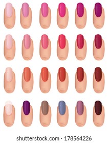 Nail polish in different fashion colors. Nail care set. Manicured finger isolated.