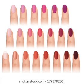 Nail polish in different fashion colors. Nail care set. Manicured finger isolated.