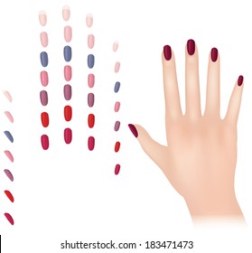 Nail polish in different fashion colors. Nail care set. Manicured finger isolated.