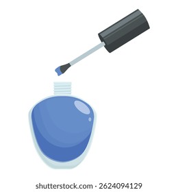 Nail polish is dripping from the brush into a bottle of blue nail polish