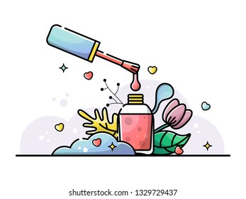 Nail polish. A drop of varnish is dripping. Vector flat illustration in linear style with botanical elements.
