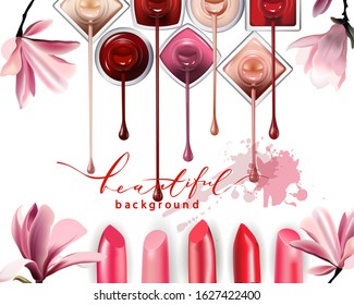 Nail Polish with drops and lipstick and spring Magnolia flowers on white background. Perfect for advertising banners, booklet, magazines. Vector template