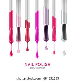 Nail polish examples realistic set. Professional care concept. Samples of varnish of different colors on the brushes with the droplets. Nail polish vector illustration