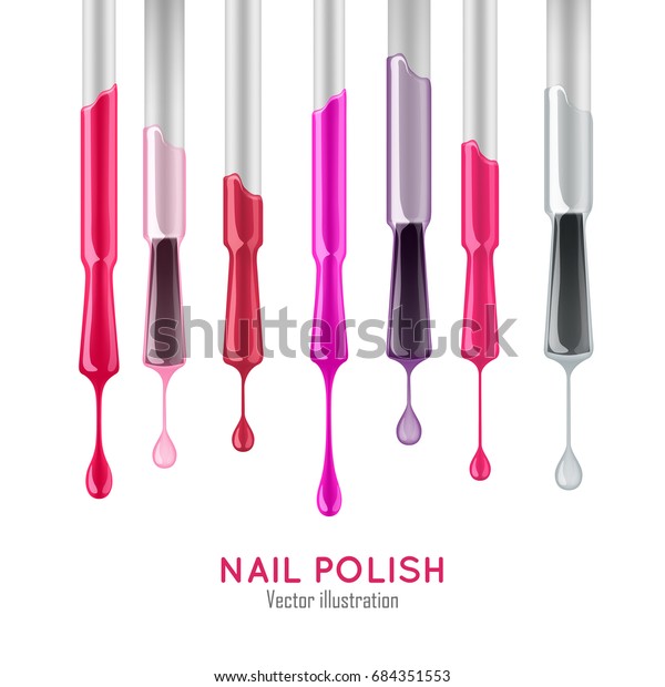 Nail polish examples\
realistic set. Professional care concept. Samples of varnish of\
different colors on the brushes with the droplets. Nail polish\
vector illustration
