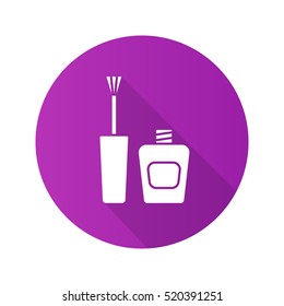 Nail polish flat design long shadow icon. Purple nail varnish bottle with brush. Vector silhouette symbol