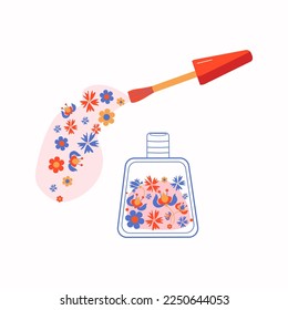 Nail polish. Flowers nail design. Bottle and brush for manicure. Vector illustration.