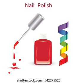 nail polish glass bottle brush drops fall multicolored ribbon isolated on white background art vector element for design