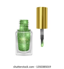 Nail Polish with glittery texture, nail Polish of Green color with shiny texture, illustration on white background
