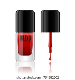Nail polish glossy realistic 3d vector bottle. Red nail lacquer with brush. Front view.